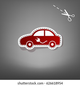 Electric car sign. Vector. Red icon with for applique from paper with shadow on gray background with scissors.