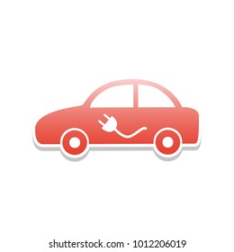 Electric car sign. Vector. Reddish icon with white and gray shadow on white background. Isolated.