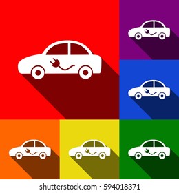 Electric car sign. Vector. Set of icons with flat shadows at red, orange, yellow, green, blue and violet background.