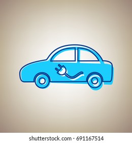 Electric car sign. Vector. Sky blue icon with defected blue contour on beige background.