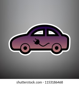 Electric car sign. Vector. Violet gradient icon with black and white linear edges at gray background.