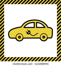 Electric car sign. Vector. Warm yellow icon with black contour in frame named as under construction at white background. Isolated.