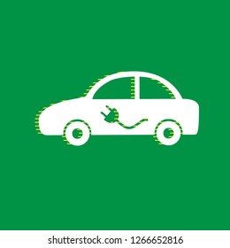 Electric car sign. Vector. White flat icon with yellow striped shadow at green background.