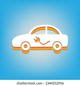 Electric car sign. Vector. White icon with 3d warm-colored gradient body at sky blue background.