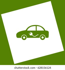 Electric car sign. Vector. White icon obtained as a result of subtraction rotated square and path. Avocado background.