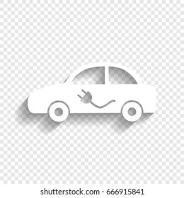 Electric car sign. Vector. White icon with soft shadow on transparent background.