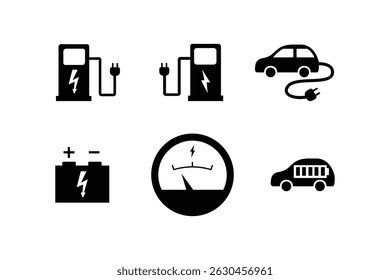 Electric Car Silhouette Icon Set Vector Collection of Black EV Symbols Isolated on White Background
