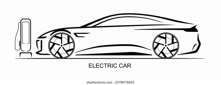 Silhouette de auto eléctrico aislada en fondo blanco. Vista lateral de la carga del coche eléctrico en la estación de carga. Plantilla de diseño de arte de línea. Ilustración vectorial.