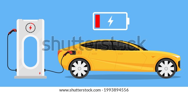 Electric car silhouette\
with low battery charging at electric charge station. Vector\
illustration.