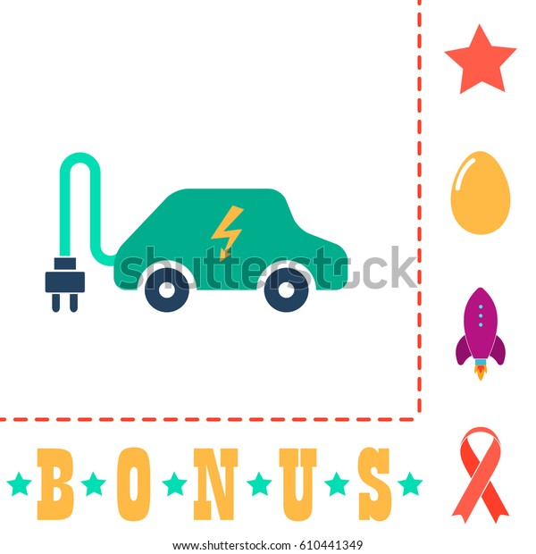 Electric car\
Simple vector button. Flat color icon on white background and bonus\
pictogram Star, Egg, Rocket,\
Ribbon