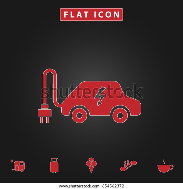 Electric car Simple vector button. Flat\
icon with stroke on black background and bonus\
icons