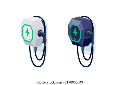 Electric car small home wall charger with cable. Fast smart intelligent wallbox ev charging station. Isolated vector illustration on white background. Power solution for electric battery vehicle.