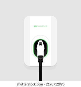 Electric Car Small Home Wall Charger With Cable. Fast Smart Intelligent Wallbox Ev Charging Station. Isolated Vector.