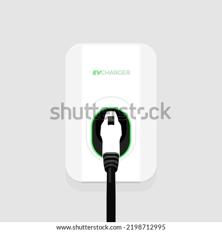 Electric car small home wall charger with cable. Fast smart intelligent wallbox ev charging station. Isolated vector.