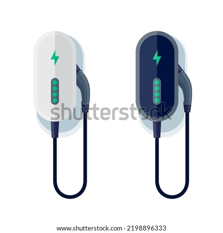 Electric car small home wall charger with cable. Fast smart intelligent wallbox ev charging station. Isolated vector illustration on white background. Power solution for electric battery vehicle.