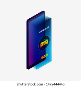 Electric car smart app isometric concept. Web banner template with electro car charging display information isolated on white background with icons