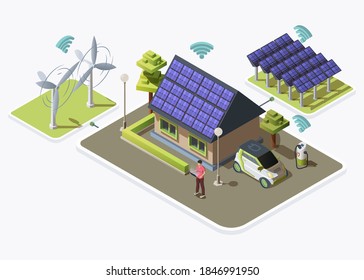 Electric car, smart house connected to alternative energy sources produced by wind turbines and solar panels. Smart grid concept design. Flat isometric vector illustration isolated on white background