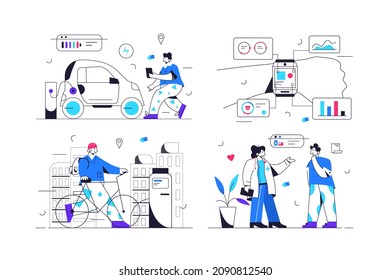 Electric car, smart watch, bicycle, doctor visit set vector illustration. Linear style objects. Health, sport, environment care concept