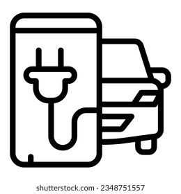 Electric car and smartphone with plug line icon, electric car concept, Monitoring electric car charging sign on white background, smart phone with plug in outline style. Vector.