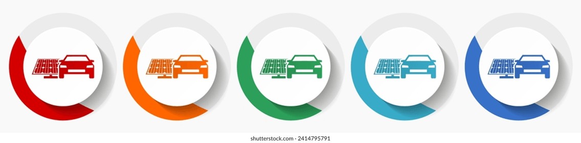 Electric car and solar panel, clean energy, power vector icon set, flat icons for logo design, webdesign and mobile applications, colorful round buttons