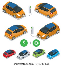 Electric Car With Solar Panels. Eco Transport Vector Illustration. Socket For Electrical-car-battery Charger With Load Indicator Lights. Flat 3d Isometric Vector Illustration For Infographics, Design