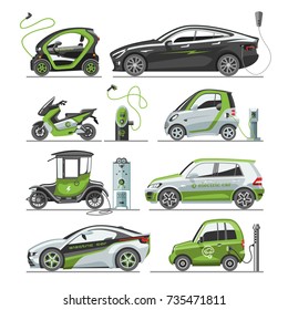 Electric Car With Solar Panels Eco Electro Transport Vector Illustration Automobile Socket Electrical Car Battery Charger.