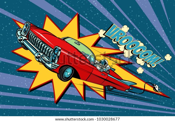 electric car space, high speed. Pop\
art retro comic book vector cartoon hand drawn\
illustration