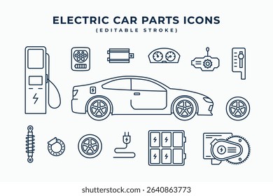 Electric car and spare parts linear icons set. EV electric vehicle components line art outline symbol logo sign editable stroke objects