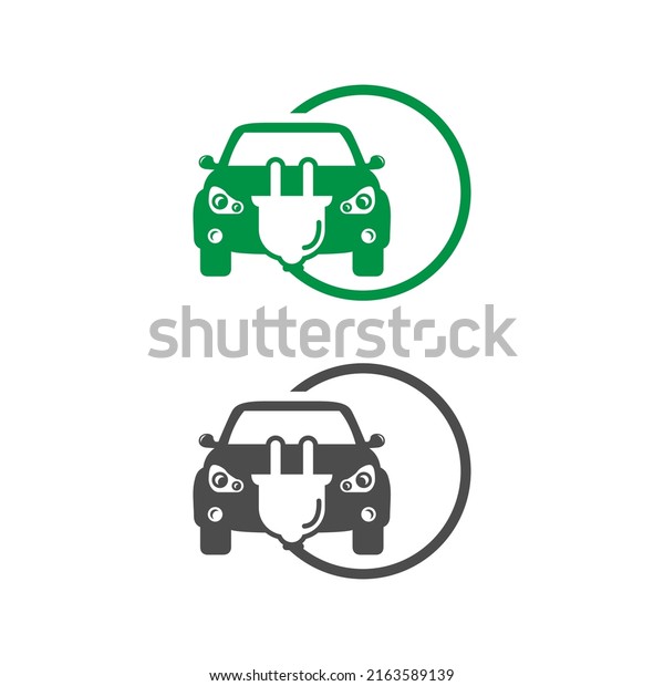 Electric car with sticker icon\
symbol, EV car, green hybrid vehicle charging point logotype. EPS\
10