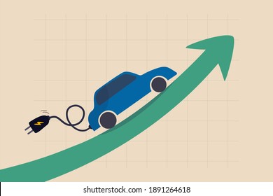 Electric car stock pice soaring, EV, electric vehicle earning and profit increase in new economy stock market concept, Electric car with plug-in cruising on rising up green stock market arrow graph.