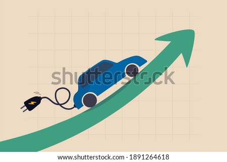 Electric car stock pice soaring, EV, electric vehicle earning and profit increase in new economy stock market concept, Electric car with plug-in cruising on rising up green stock market arrow graph.