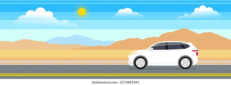 electric car suv on the desert road highway landscape background vector illustration