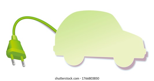 Electric car symbol. Green plug with sticky note, symbolic for eco friendly alternative energy and modern environmental automobil technology. Vector on white background.
