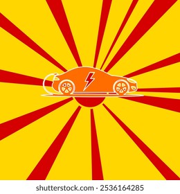 Electric car symbol on a background of red flash explosion radial lines. The large orange symbol is located in the center of the sun, symbolizing the sunrise. Vector illustration on yellow background