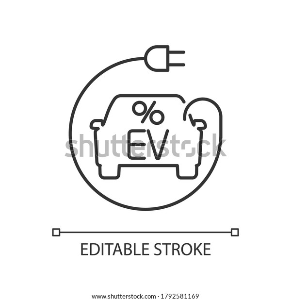 Electric car tax credit linear icon. Loan program\
for EV buyers thin line customizable illustration. Contour symbol.\
Eco friendly auto buying benefits. Vector isolated outline drawing.\
Editable stroke