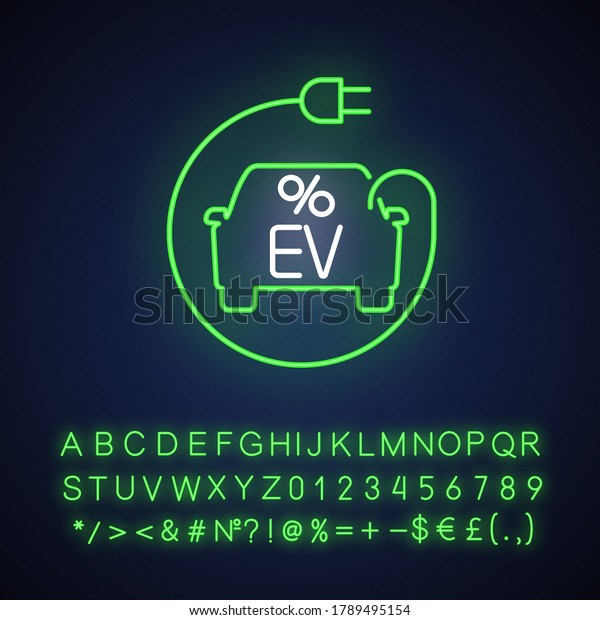 Electric car tax credit neon light icon.\
Outer glowing effect. Sign with alphabet, numbers and symbols. Eco\
friendly transport purchase financial benefits. Vector isolated RGB\
color illustration