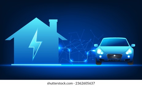 Electric Car technology is charging batteries at home Electric vehicles that use electric energy to move are clean energy that help reduce environmental pollution and are becoming popular.