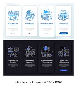 Electric car theme onboarding mobile app page screen. EV motives walkthrough 5 steps graphic instructions with concepts. UI, UX, GUI vector template with linear night mode illustrations