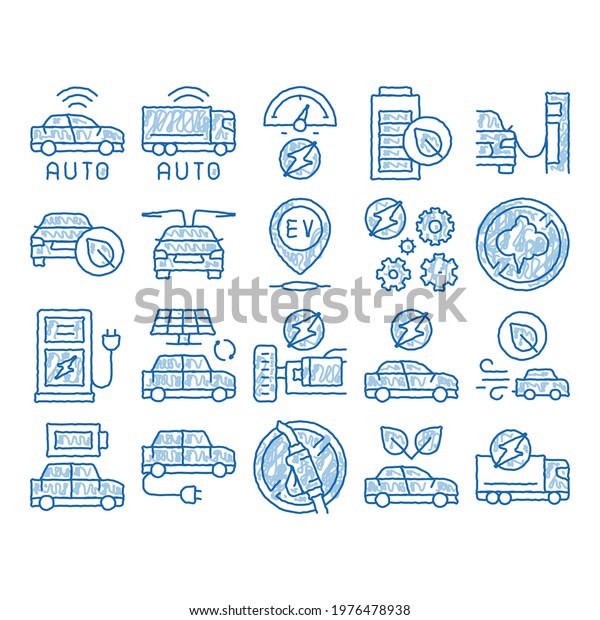Electric Car\
Transport sketch icon vector. Hand drawn blue doodle line art\
Electrical Car And Truck, Battery Charging And Vehicle Repair,\
Ecology Transportation\
Illustrations