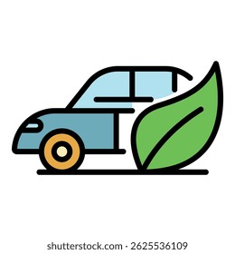 Coche eléctrico y icono de la hoja del árbol. Esquema de coche eléctrico y árbol hoja de Vector icono de color plano aislado