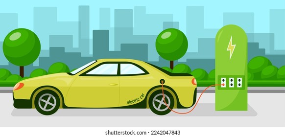 Electric car usage and green electricity energy consumption outline concept. Motor type with plug in socket as environmental and nature friendly power alternative to fuel vehicles vector illustration.