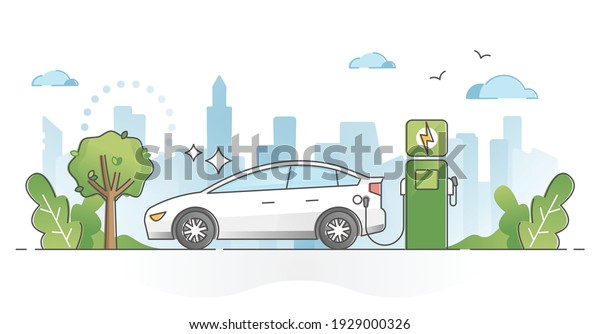 Electric car usage and green electricity\
energy consumption outline concept. Motor type with plug in socket\
as environmental and nature friendly power alternative to fuel\
vehicles vector\
illustration.