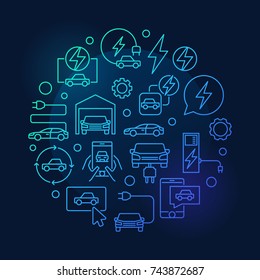 Electric car vector blue round concept line illustration on dark background