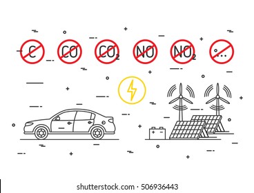 Electric car vector concept. Electrical car with ecological power energy resources (wind turbines, solar panels) illustration. CO2, NO2 symbols with red restriction signs graphic design.
