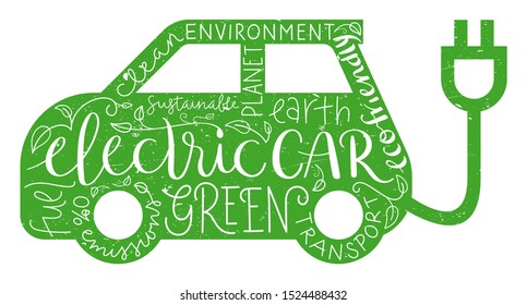 ELECTRIC CAR vector hand lettering word cloud in shape