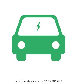 Electric car vector icon in green color with flash sign.
