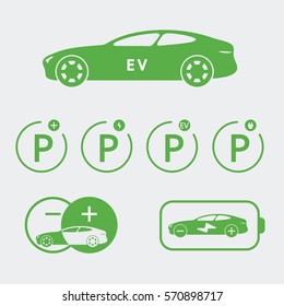 Electric car vector icon. Parking road signs for electric car. Designation charging station.
