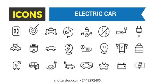 Electric Car Vector Icon, Set Of E Car, Electric Bus, Truck, Vehicle, Auto, Engine, Plug, Battery, Eco Transport, Autopilot, Smart Car Editable Stroke Icon, Vector Illustration