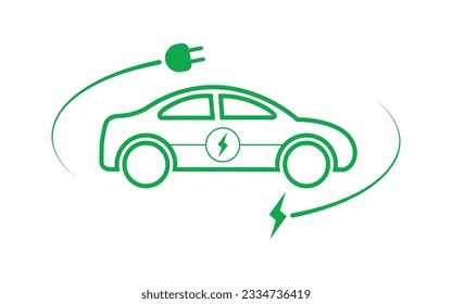 Ilustración del vector eléctrico del vehículo con enchufe eléctrico y símbolo de relámpago. El concepto de vehículo eléctrico ecológico.