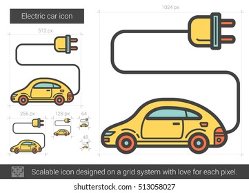Electric car vector line icon isolated on white background. Electric car line icon for infographic, website or app. Scalable icon designed on a grid system.